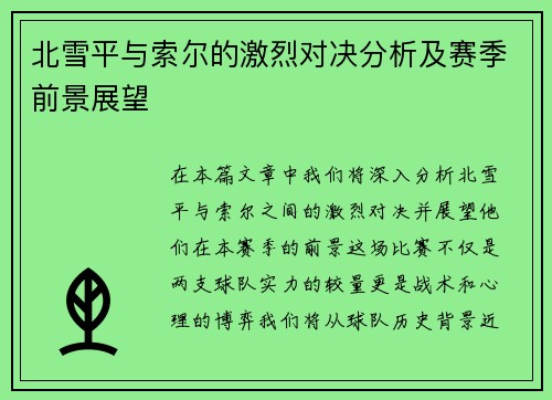 北雪平与索尔的激烈对决分析及赛季前景展望