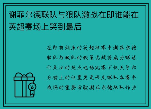 谢菲尔德联队与狼队激战在即谁能在英超赛场上笑到最后