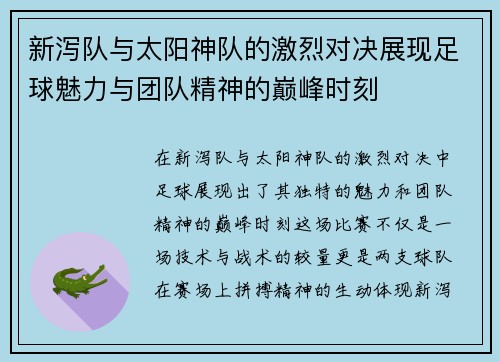 新泻队与太阳神队的激烈对决展现足球魅力与团队精神的巅峰时刻