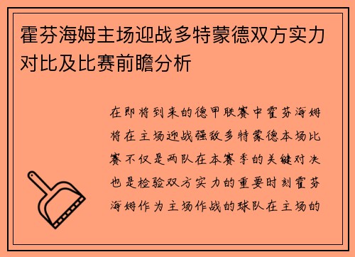 霍芬海姆主场迎战多特蒙德双方实力对比及比赛前瞻分析