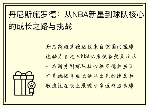 丹尼斯施罗德：从NBA新星到球队核心的成长之路与挑战