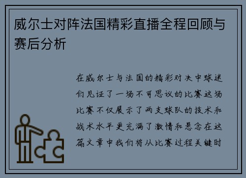威尔士对阵法国精彩直播全程回顾与赛后分析