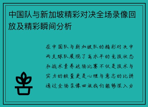 中国队与新加坡精彩对决全场录像回放及精彩瞬间分析