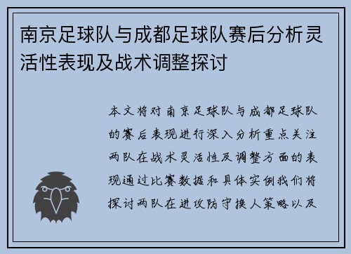 南京足球队与成都足球队赛后分析灵活性表现及战术调整探讨