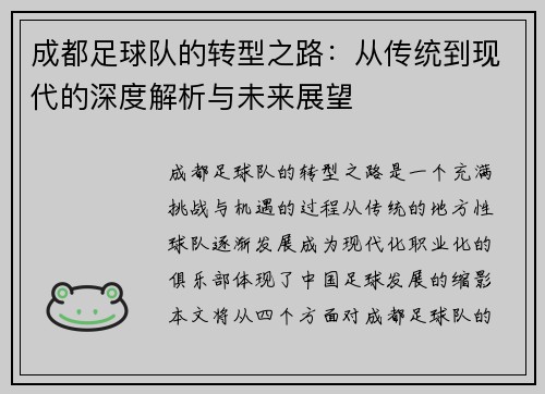 成都足球队的转型之路：从传统到现代的深度解析与未来展望