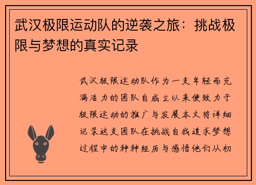 武汉极限运动队的逆袭之旅：挑战极限与梦想的真实记录