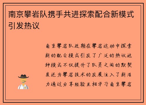 南京攀岩队携手共进探索配合新模式引发热议