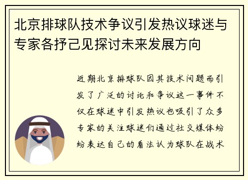 北京排球队技术争议引发热议球迷与专家各抒己见探讨未来发展方向