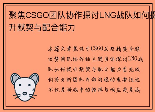 聚焦CSGO团队协作探讨LNG战队如何提升默契与配合能力